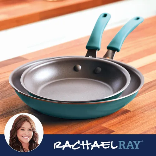Vista 6 de Rachael Ray Cook + Create - Juego de sartenes antiadherentes, 9.5 pulgadas y 11.75 pulgadas, color azul agave