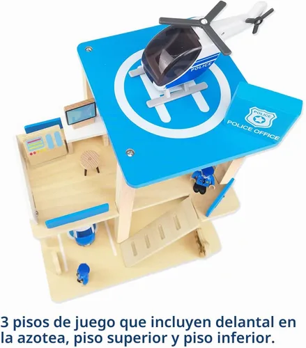 Vista 4 de Juego de juguete de estación de policía de madera, set de casa de muñecas de juego de simulación multicolor de 3 niveles con figuras, coche