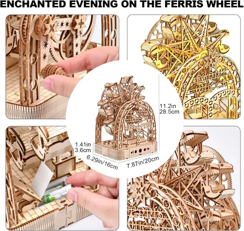 Vista 3 de Rompecabezas de madera 3D con ruedas mecánicas de la fortuna modelo de caja de música, rompecabezas de bricolaje, rompecabezas 3D para adultos