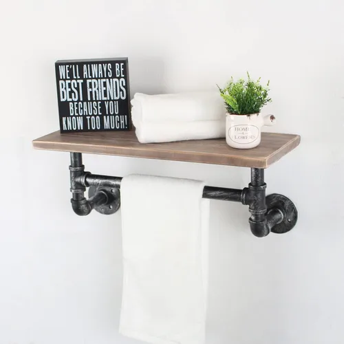Vista 13 de MBQQ Estante de tubería industrial para baño, estantes montados en la pared, estante de madera rústica de 19.6 pulgadas con toallero, toallero