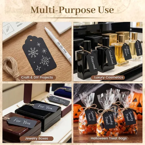 Vista 2 de SallyFashion 100 etiquetas de regalo con cuerda adjunta, 1.5 x 2.8 pulgadas, etiquetas de regalo negras de papel negro para ropa, manualidades
