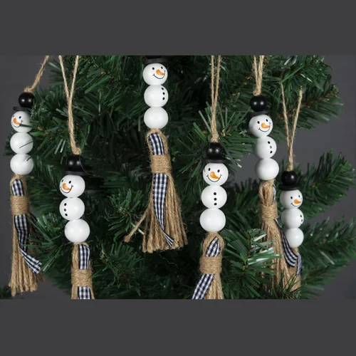 Vista 5 de 100 cuentas de madera de muñeco de nieve de Navidad para manualidades, cuentas de madera de búfalo, cuentas redondas de madera a cuadros, cuentas