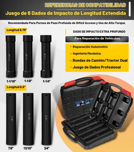 Vista 2 de Juego de dados de impacto de longitud extendida de 1/2 pulgada, juego de 6 piezas de llaves de impacto extra profundas, tamaño hexagonal de 3/4