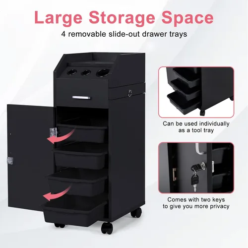 Vista 4 de Winado Carrito de almacenamiento de peluquería con ruedas y 3 soportes para secador de pelo, 4 cajones y cerradura y 2 llaves, estación de Negro
