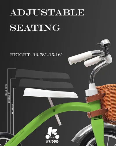 Vista 3 de KRIDDO Triciclo clásico de metal para niños pequeños, regalo para niños y niñas de 2 a 4 años, triciclo para niños de 1 a 3 años, cubierta trasera