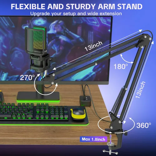 Vista 5 de ZealSound Micrófono USB para Juegos, Micrófono Condensador con Cancelación de Ruido, Micrófono RGB con Silencio, Ganancia, Monitoreo, Brazo