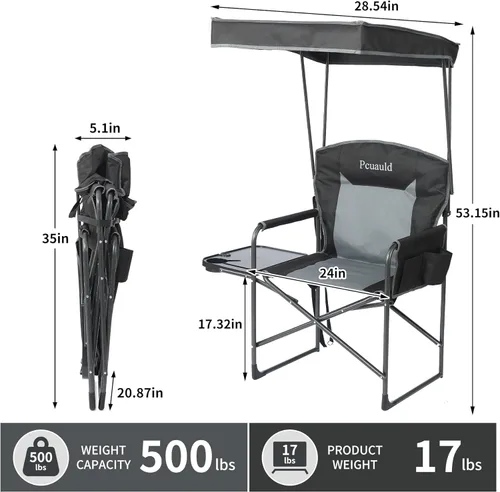 Vista 3 de Sillas de campamento de gran tamaño con dosel, silla plegable de directores con mesa auxiliar y bolsillos, sillas plegables portátiles para adultos