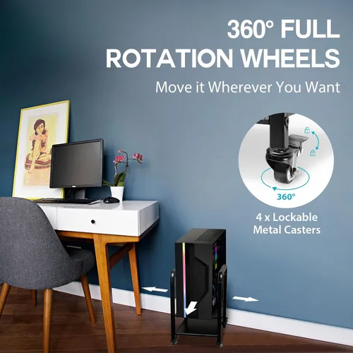 Vista 4 de Soporte de torre para computadora, soporte de piso de PC de altura ajustable de 2 niveles para torre pequeña/media, carrito de metal completo