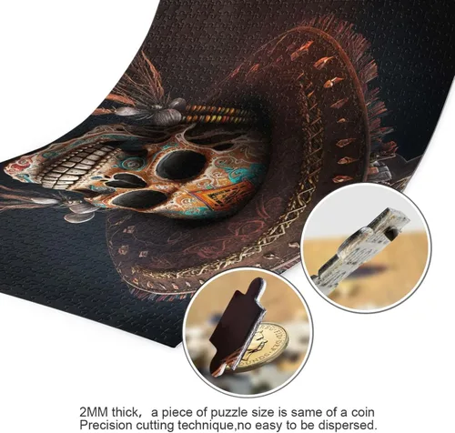 Vista 3 de Rompecabezas de madera de 1000 piezas con estampado de sombrero de calavera, ZZcon bolsa de almacenamiento de partición del alfabeto, fácil