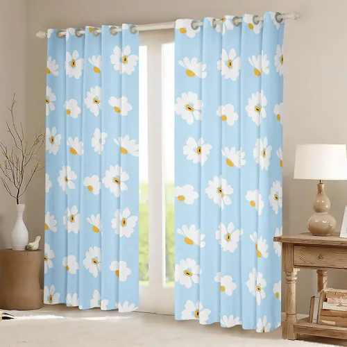 Vista 2 de Castle Fairy Daisy Florals Curtains for Living Room,Cartoon Wildflowers Window Drapes Bedroom Blackout,Retro Country Style Window Treatment Grommet