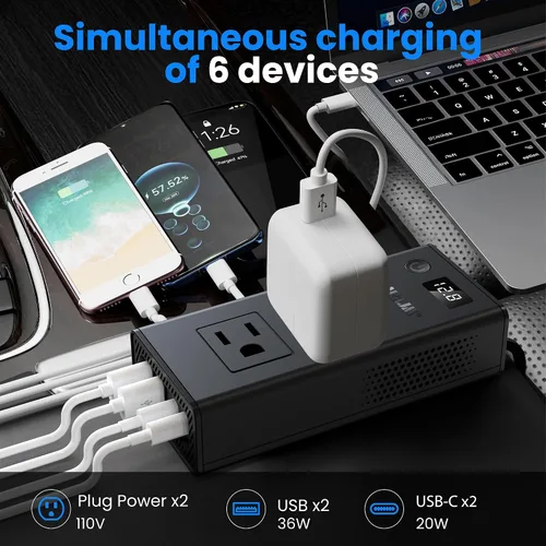 Vista 3 de Convertidor de voltaje de automóvil de 300 W, inversor de CC de 12 V a CA, puertos de 110 V, cargador de coche de carga rápida con enchufe
