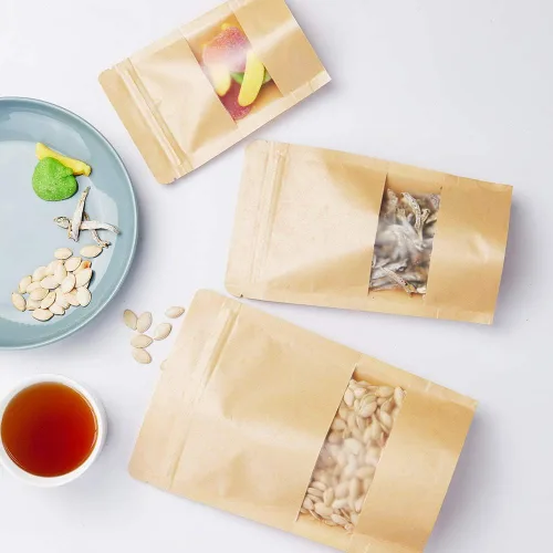 Vista 6 de Bolsas de papel kraft de pie 100 unidades, bolsas resellables marrones con ventana para el hogar o negocios, café, bolsas de almacenamiento