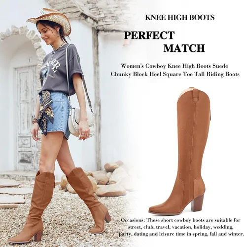 Vista 4 de Coutgo Botas vaqueras altas hasta la rodilla para mujer, botas altas de equitación con tacón de bloque grueso, punta cuadrada