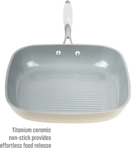 Vista 4 de Goodful Sartén antiadherente de cerámica de 11 pulgadas, ollas y sartenes aptas para lavavajillas, mango de acero inoxidable de agarre cómodo, Crema