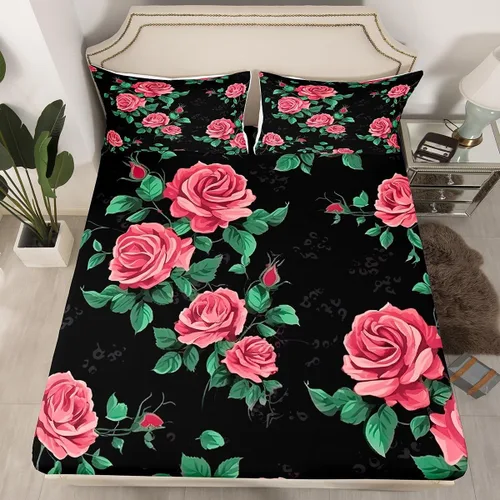 Vista 2 de Erosebridal Juego de sábanas de tamaño individual con diseño de rosas rojas, diseño floral rosa, ramas de hojas verdes, sábanas temáticas de plantas
