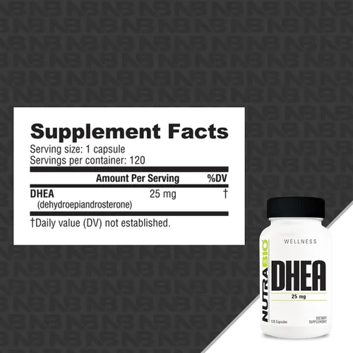 Vista 3 de NutraBio Suplemento DHEA para hombres y mujeres, 25 mg, 120 cápsulas