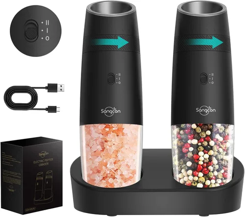 Vista 13 de Sangcon Gravity - Juego de molinillo eléctrico de sal y pimienta con agitador automático, molinillo con luz LED, FUNCIONA CON BATERÍAS, grosor