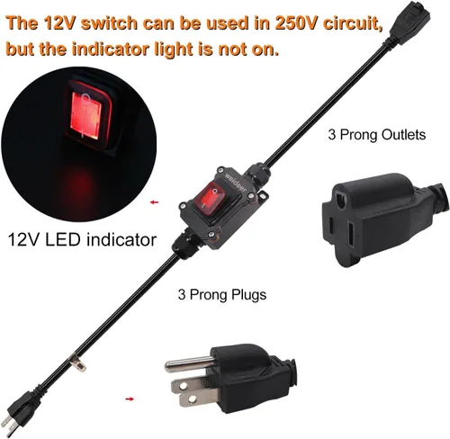 Vista 5 de weideer Cable de extensión con interruptores de alimentación de encendido/apagado IP67 impermeable 20A 250V 16AWG 2FT 3Pin enchufes enchufes