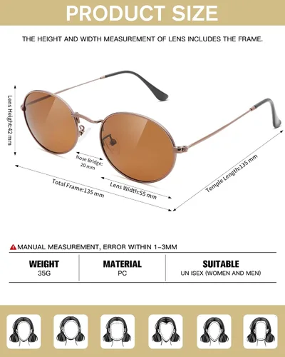 Vista 6 de Pro Acme Lentes de sol polarizados de metal ovalados retro para mujeres y hombres, pequeños tonos vintage de los años 90