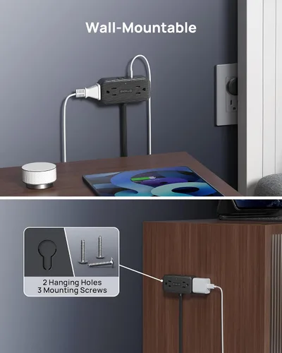 Vista 8 de TROND Regleta de alimentación de enchufe plano de 3 pies, cable de extensión plano pequeño con múltiples tomas, 4 puertos de CA y 4 puertos USB