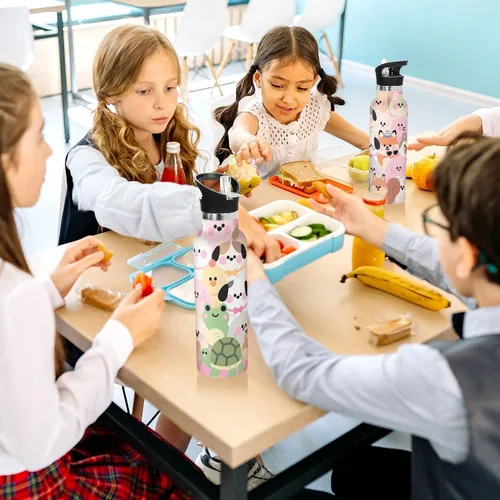 Vista 6 de Botella de agua de metal para niños con diseño de animales lindos de dibujos animados, a prueba de fugas, color rosa, a prueba de fugas, mantiene