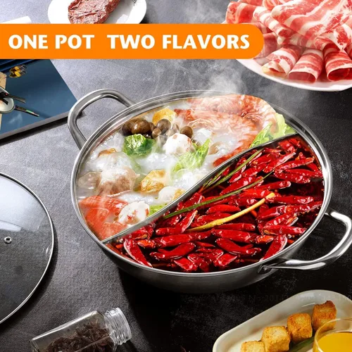 Vista 3 de Olla caliente Shabu Shabu Shabu de doble cara con tapa de cristal, 11.8 in