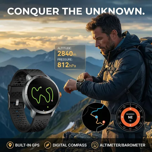 Vista 2 de Reloj Inteligente Resistente, 1.6" AMOLED GPS, 5ATM Impermeable - Negro