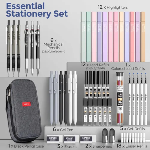 Vista 7 de Nicpro Juego de 50 artículos escolares con estuche para lápices, 6 bolígrafos de gel y recargas, 12 resaltadores, 6 lápices mecánicos artísticos, 12