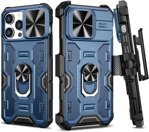 Vista 10 de VEGO Funda para iPhone 13 Pro Max/iPhone 12 Pro Max con soporte, cubierta deslizante para cámara y funda con clip para cinturón, funda protectora