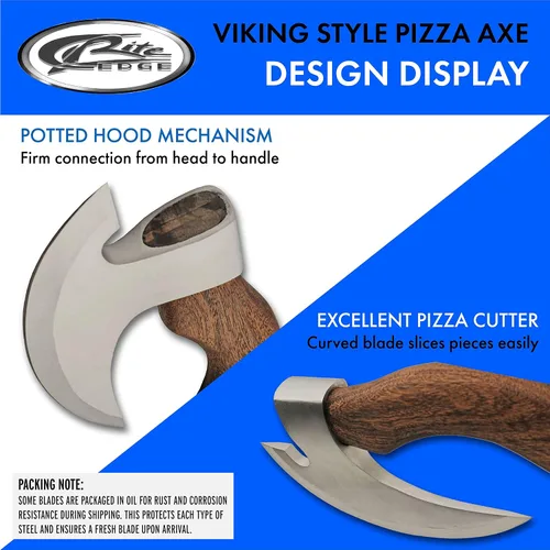 Vista 4 de Cuchillo de hacha de pizza barbuda de mango corto de 11 pulgadas con funda de cuero