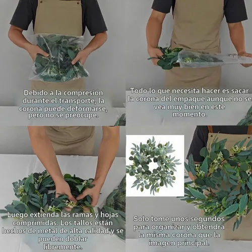 Vista 6 de Corona de eucalipto verde artificial, corona verde de 15 pulgadas con racimos de flores blancas, mini coronas de primavera/verano para decoración