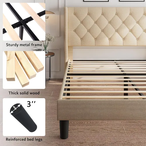 Vista 5 de iPormis - Base de cama tapizada de tamaño completo con cabecera capitonada con botones, base de cama tapizada con listones de madera sólidos, 20 cm