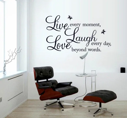 Vista 2 de Calcomanía de vinilo para la pared, con citas "Live every moment", "Laugh every day", "Love beyond words". Negro