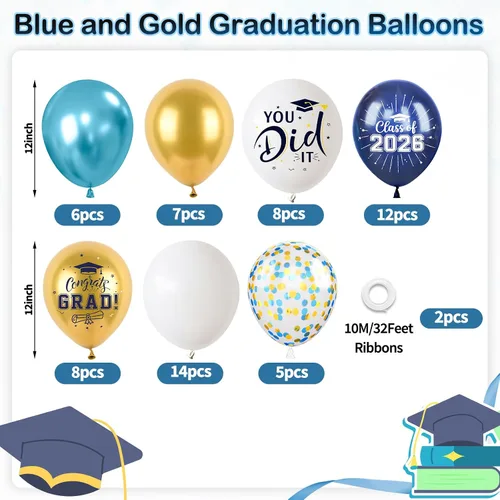 Vista 2 de Globos de graduación azules y dorados, 60 globos impresos con texto en inglés "Felicitaciones", 12 pulgadas, azul marino, blanco, azul, metálico