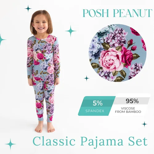 Vista 104 de Posh Peanut Pijamas para niñas, suaves, de viscosa de bambú para niños, pijamas a juego de manga larga para niñas