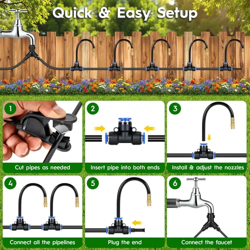 Vista 6 de Kit de sistema de riego por goteo ajustable de 360° de 100 pies, tubo de polietileno de 1/4 de pulgada con 20 boquillas flexibles, sistema