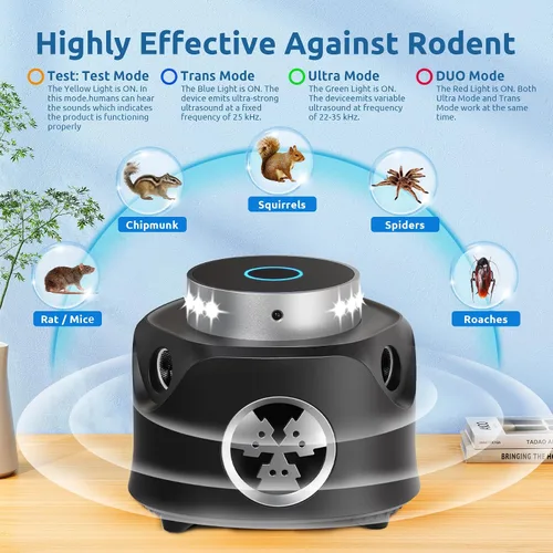 Vista 3 de Repelente ultrasónico de roedores, repelente de ratones de 360° con control remoto, repelente de plagas, enchufe ultrasónico con ultrasonido y luz