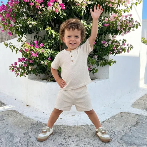 Vista 2 de MERSARIPHY Ropa para bebé niño de 6, 12, 18 meses, 2T 3T, traje de verano, punto gofre, a rayas, informal, camiseta y pantalones cortos