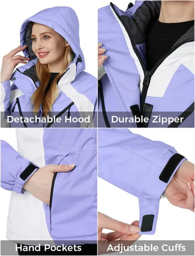 Vista 6 de Skieer Chaqueta de esquí impermeable para mujer, abrigo cálido de invierno con capucha para snowboard