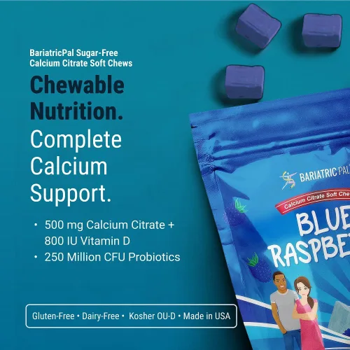 Vista 2 de BariatricPal Sugar-Free Calcium Citrate Soft Chews 500mg with Vitamin D & Probiotics Blue Raspberry 90 Count (1 Month Supply)