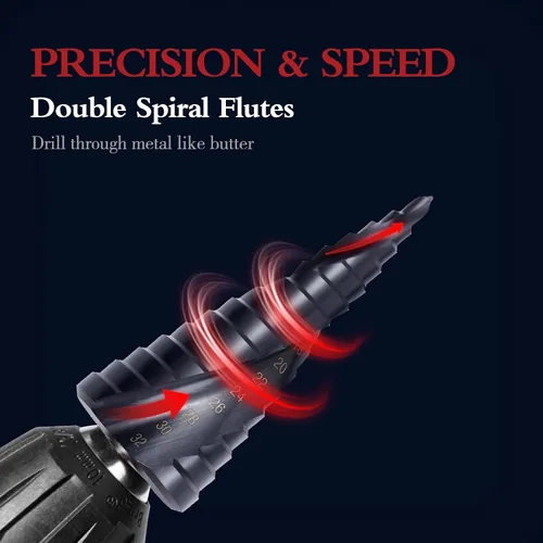 Vista 3 de Juego de 3 brocas escalonadas de cobalto para acero inoxidable y metal duro, M35 HSS Unibit con revestimiento TiAlN, diseño de flauta en espiral
