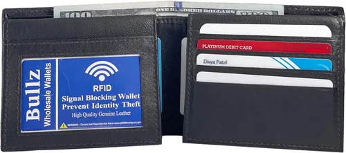 Vista 5 de Bullz RFID bloqueo de señal de protección contra robo de cuero grande grueso de seguridad para hombre cartera, Negro
