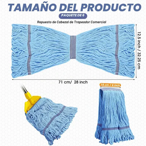 Vista 2 de Eccliy - Juego de 6 cabezales de repuesto para trapeador de 18 onzas, color azul, naranja Heavy Duty Commercial Refills, Washable Cotton String