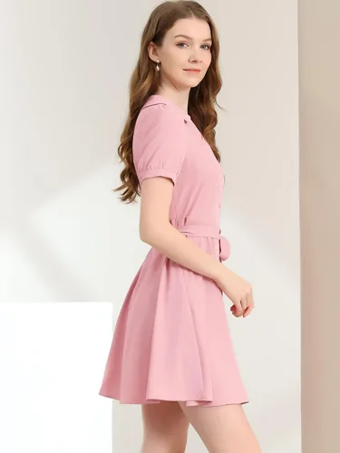 Vista 4 de Allegra K Vestido de mujer con cuello en V y manga corta abombada, cuello vuelto, Rosado