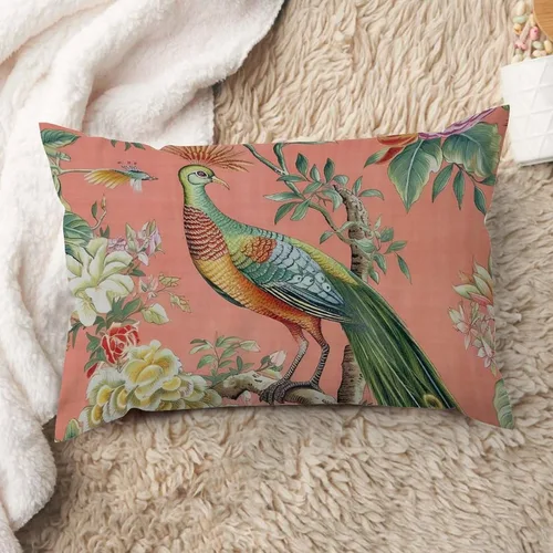 Vista 42 de ArogGeld Fundas de cojín de estilo chinoiserie, diseño de flores y pájaros, color rosa rubor, diseño de animales de pavo real, jardín asiático