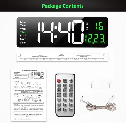Vista 6 de Reloj de pared digital grande, reloj de pared digital de 16 pulgadas con hora, fecha, temperatura, semana, temporizador, 12/24 horas, atenuación