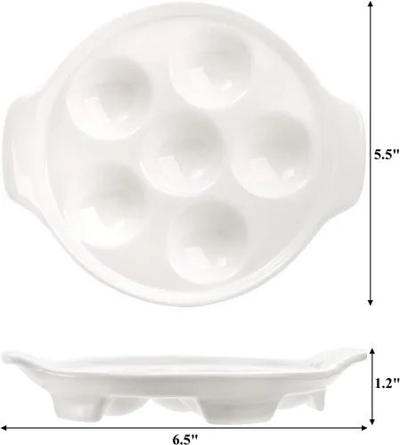 Vista 2 de Okllen Paquete de 4 platos Escargot de cerámica con 6 agujeros y asas, plato de caracol de mariscos de 6.5 pulgadas, platos con pies, platos blancos