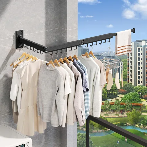 Vista 5 de Estante de secado de ropa montado en la pared, estante de secado de ropa plegable, estante de secado plegable retráctil para colgar ropa