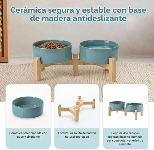 Vista 6 de SPUNKYJUNKY Cuencos elevados de cerámica para perros, 5.1 pulgadas, para comida de perros y gatos, cuencos elevados con soporte de bambú Verde oscuro