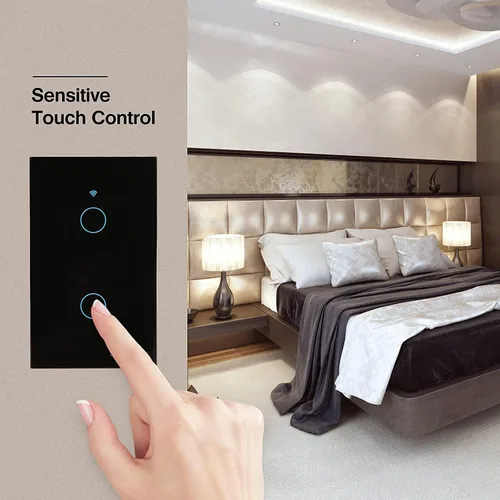 Vista 6 de Interruptor de luz táctil inteligente WiFi, 2 cuadrillas, estándar de EE. UU., panel de vidrio templado, función de temporizador, un solo polo
